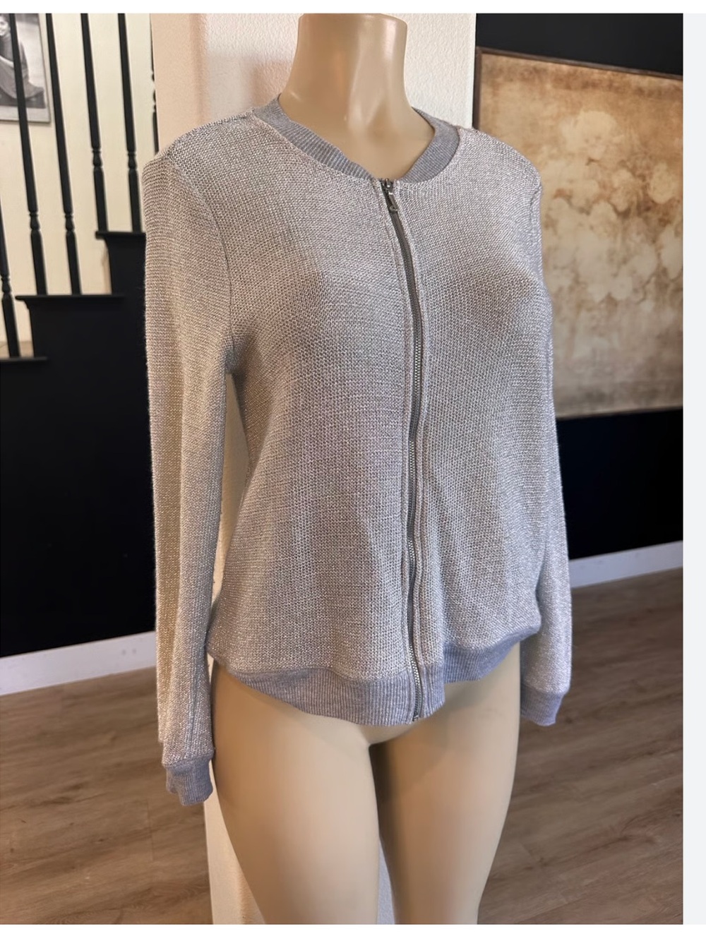 Juicy Couture Y2K Sweater Jacket Shiny Silver Mesh Metallic Full Zip Knit Bomber